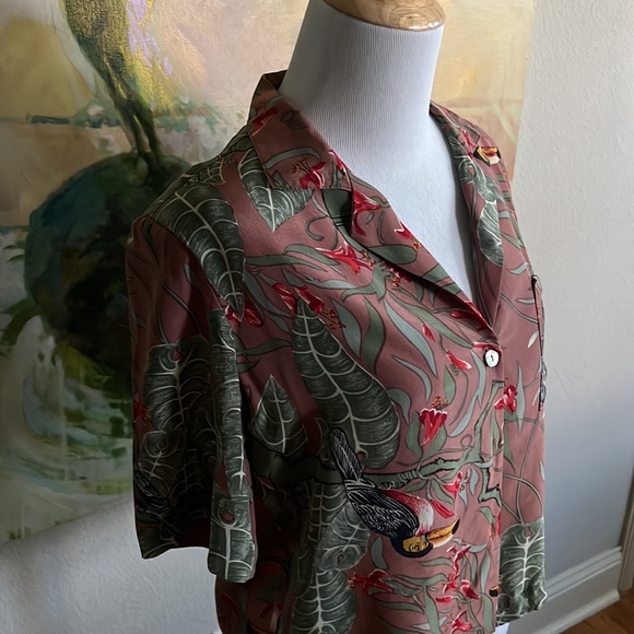 Carole Little vintage 90s silk safari toucan leaf print top small - Picture 12 of 16